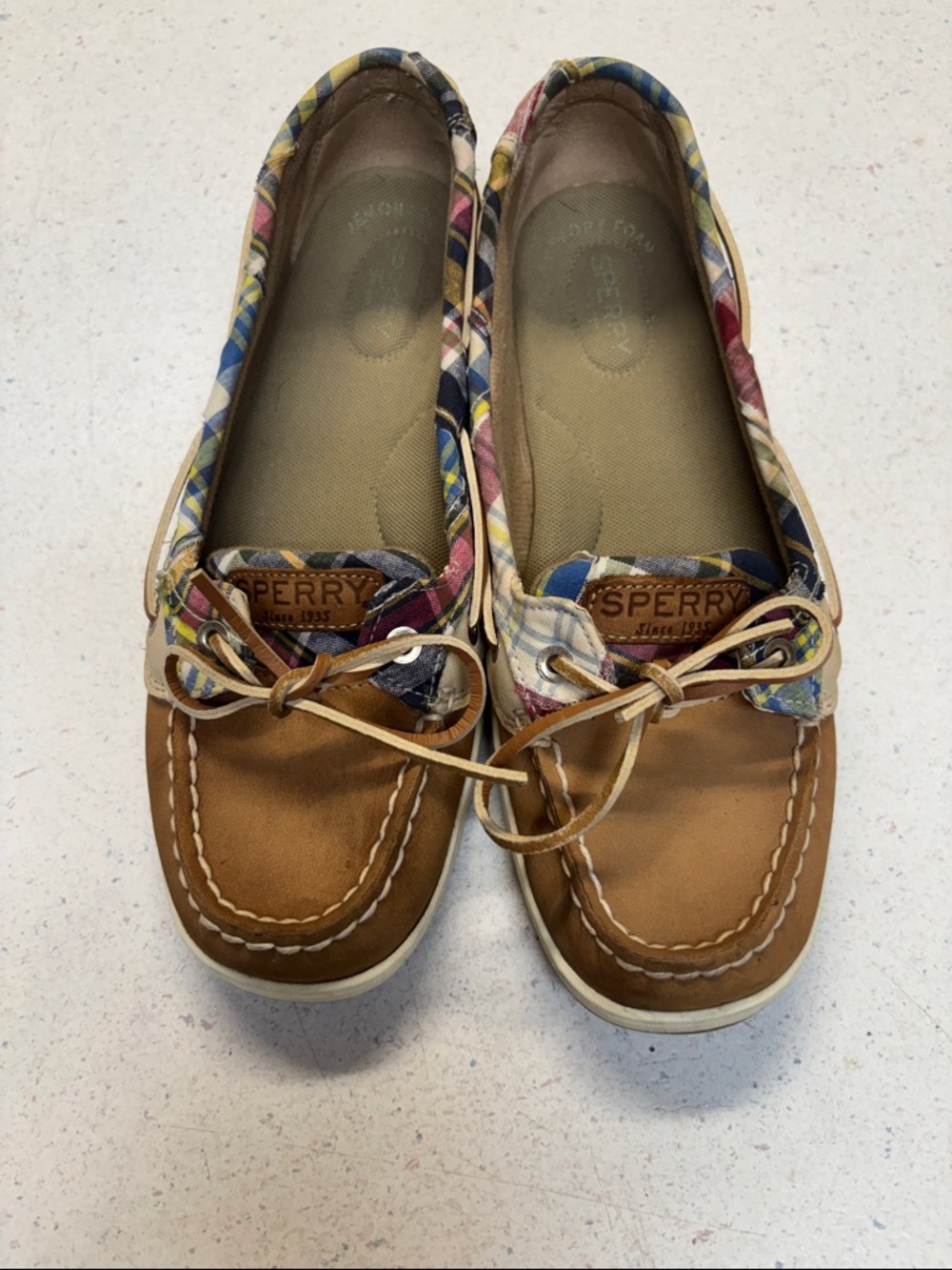 Sperry Brown Leather Boat Shoes with Multicolor Plaid Trim